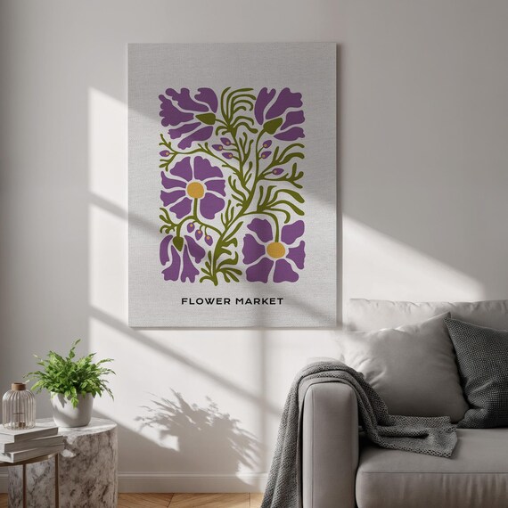 Purple Flower Canvas Art Modern Floral Wall Print Botanical Kitchen Decor Colorful Framed Poster Nature Accent Piece Cheerful