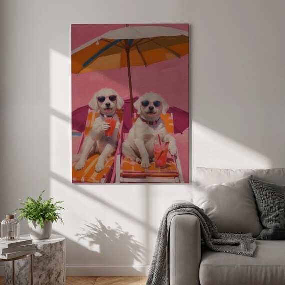 Funny Dog Canvas Wall Print Summer Beach Poster With Drinks Framed Puppy For Pet Lovers Decor Vibrant Playful Room Accent
