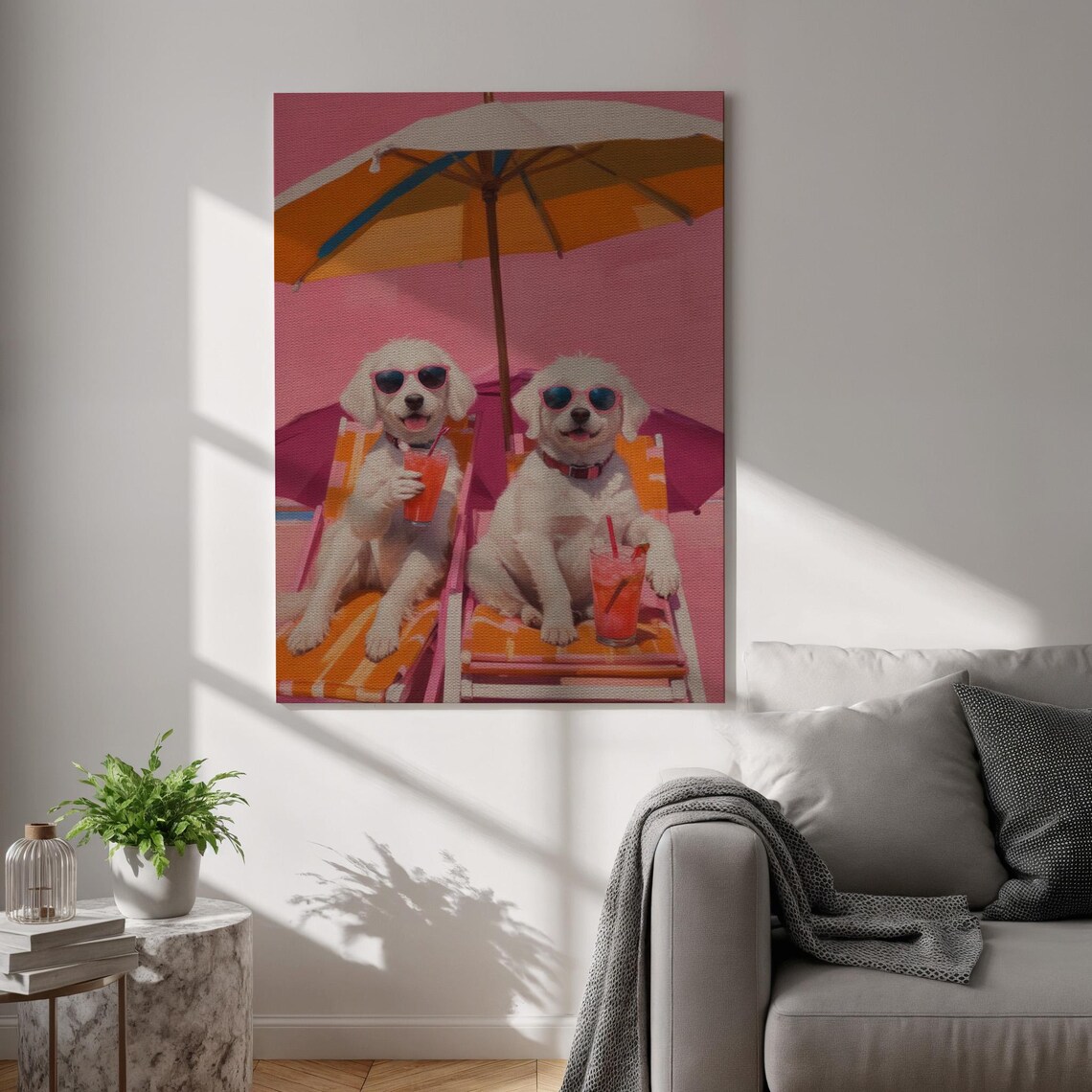 Happy Beach Dogs with Sunglasses Summer Vacation Puppy Wall Art