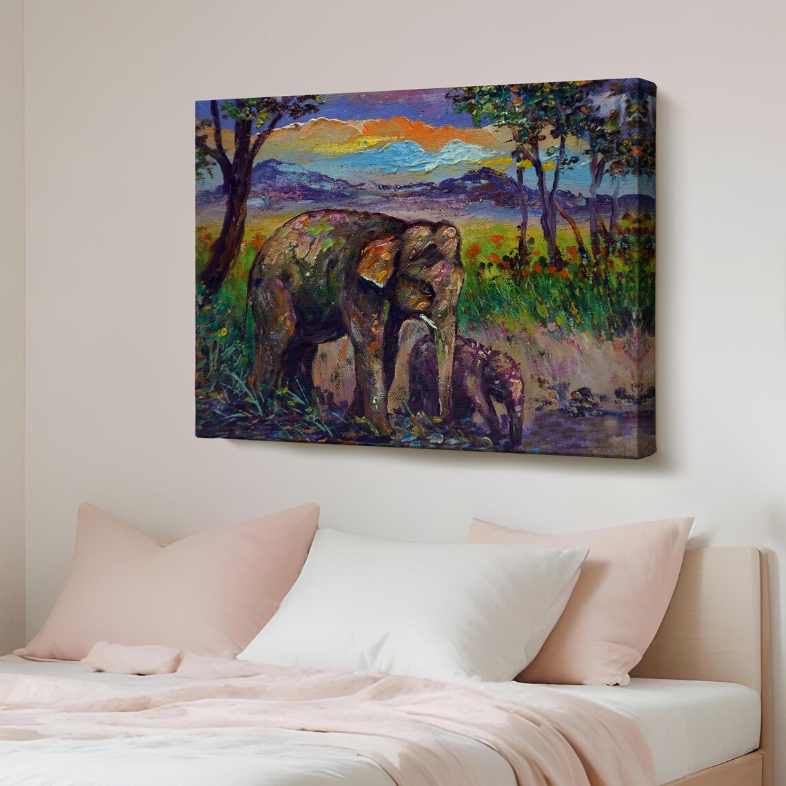 Elephant Mother and Baby in Forest Oil Painting Wildlife Poster