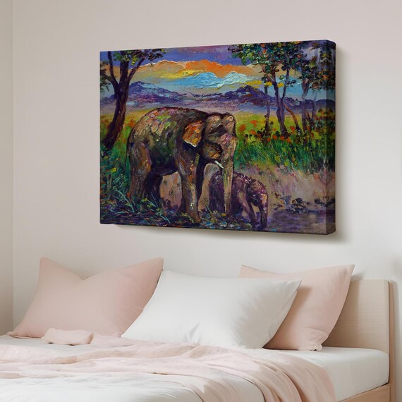 Baby Elephant And Mother In The Forest Painting Large Wall Art Animal Modern Decor Gift For Nature Enthusiasts