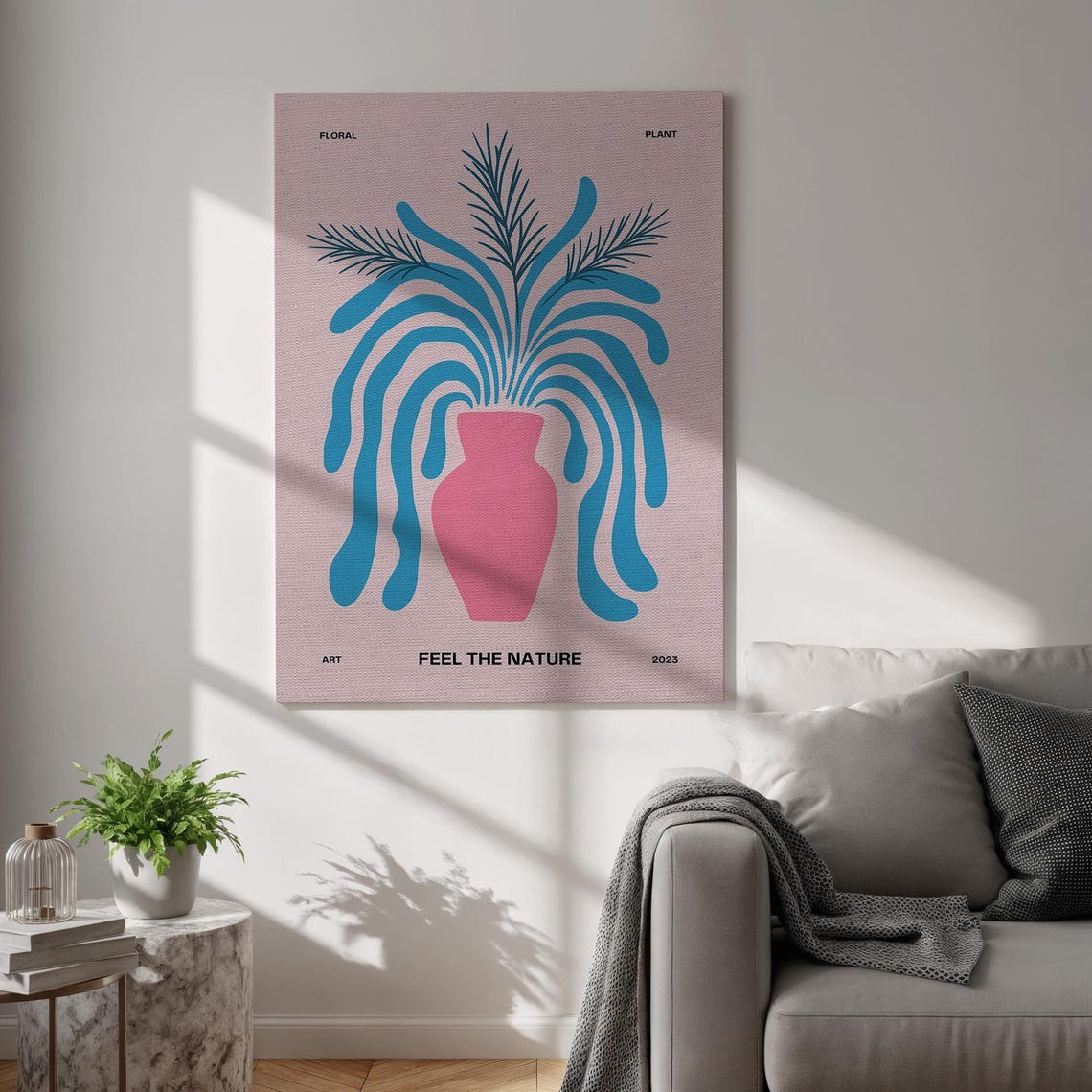 Feel The Nature Retro Floral Vase Pink Blue Botanical Quote Art Poster