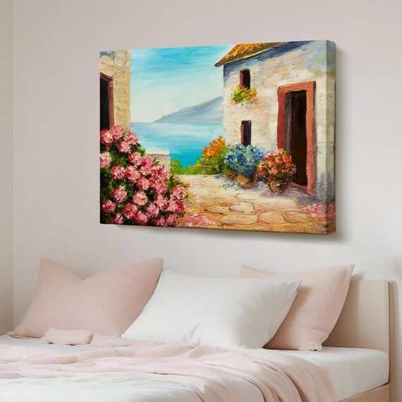 Mediterranean Seaside Stone House Covered in Pink Flowers by the Sea Poster
