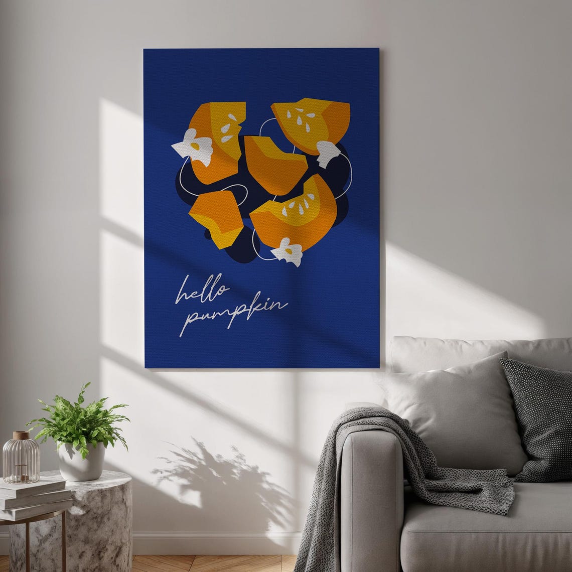 Hello Pumpkin Fall Navy Blue Minimalist Halloween Decor Poster