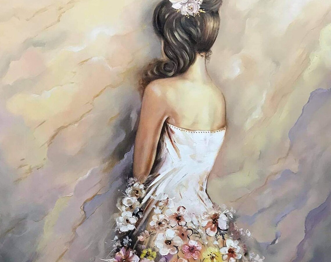 Girl in Flower Dress Pastel Floral Wall Art Print - Image 3