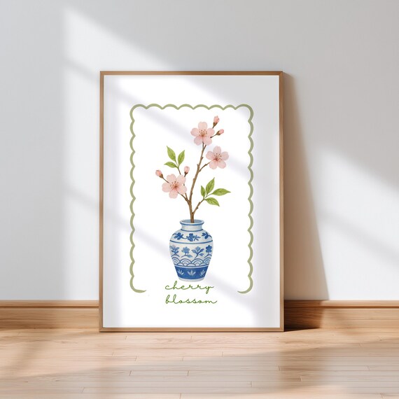 Cherry Blossom Branch in Blue Chinoiserie Vase Japandi Spring Poster