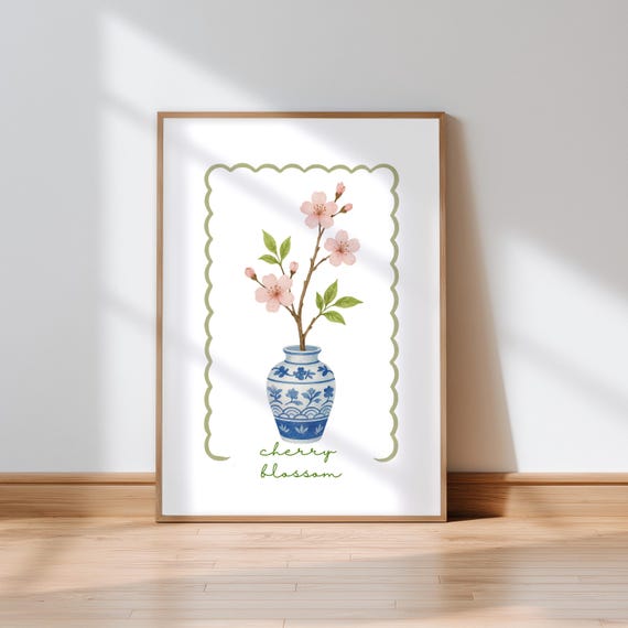 Cherry Blossom Watercolor Print In Blue Chinoiserie Vase Japandi Botanical