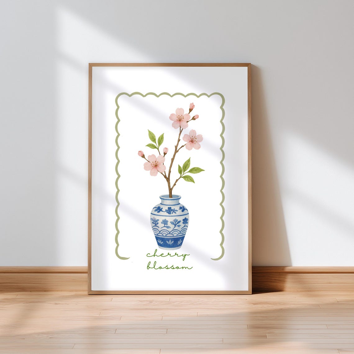 Cherry Blossom Watercolor Print In Blue Chinoiserie Vase Japandi Botanical