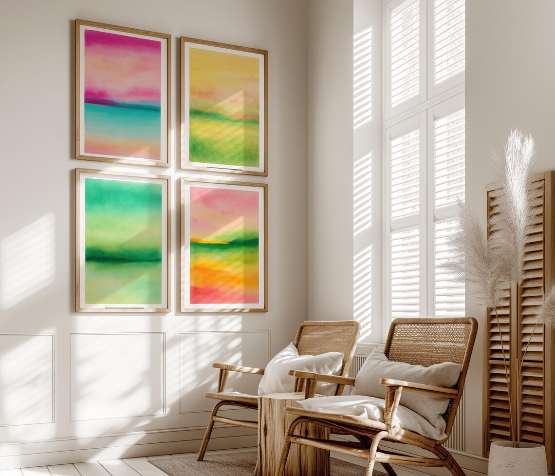 Set of 4 Pastel Sunset Meadow Watercolors Warm Gallery Art Poster