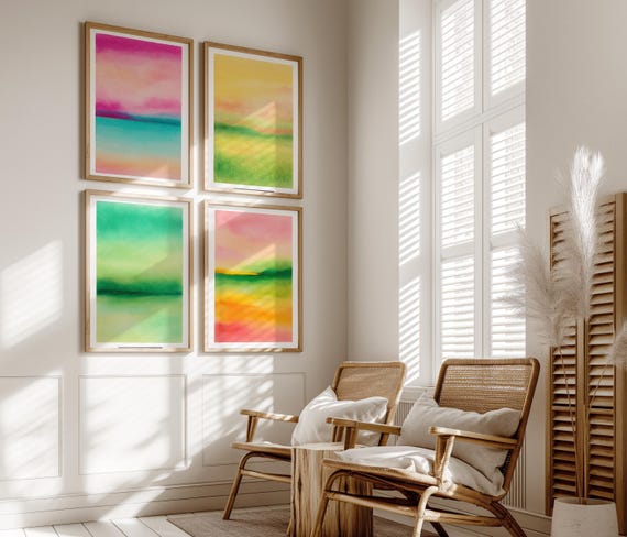 Sunset Meadow Watercolor Landscape Print Set Of 4 Neutral Japandi Wall Art