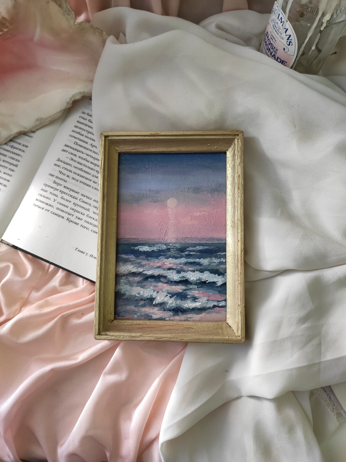 Moonlit Ocean Waves Pink Sunset Seascape Mini Artwork Poster