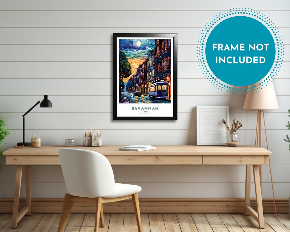 Savannah Georgia Trolley Street Stained Glass Night Scene Poster - Image 2