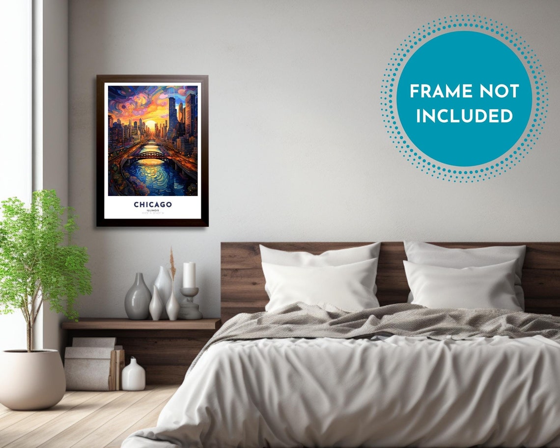 Chicago Illinois Sunset River Skyline Impressionist Artwork Poster - Image 4