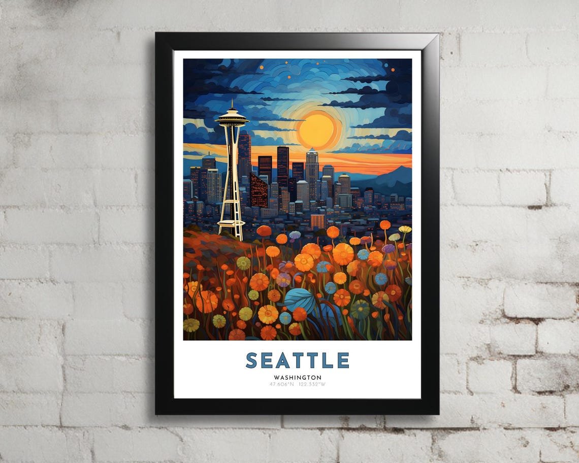 Seattle Travel Poster Of Washington Art Nouveau Gift For Lover Of Seattle Wall Art Decor Of Puget Sound Painting