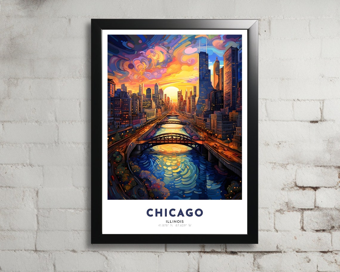 Chicago Travel Poster Of Illinois Art Nouveau Gift For Lovers Of Chicago Illinois Wall Art Decor Of Windy City Painting