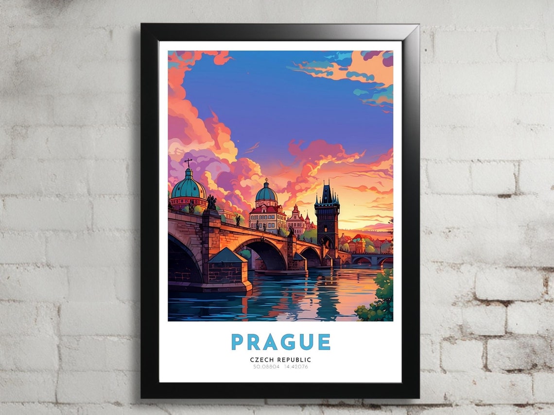 Prague Czech Charles Bridge Sunset River Old Town Colorful Poster