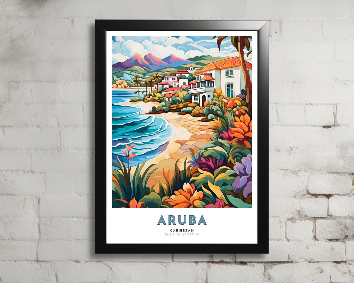 Aruba Caribbean Beach Palm Coast Tropical Sunset Travel Poster