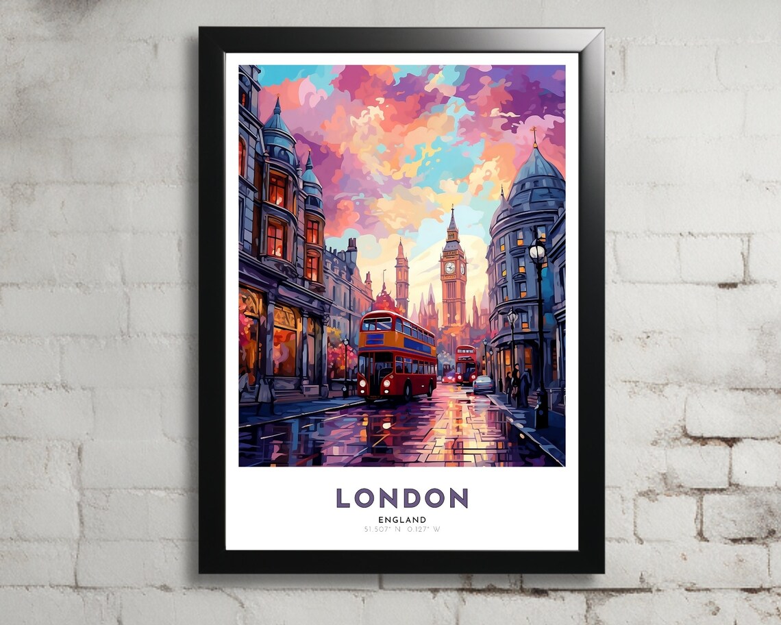 London England Art Nouveau Travel Poster Vibrant Colors Romantic Abstract Streetscapes Cityscapes United Kingdom