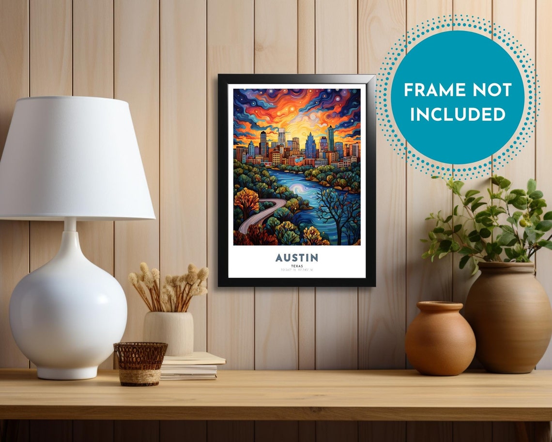 Austin Texas Skyline Sunset River Swirling Sky Travel Poster - Image 4