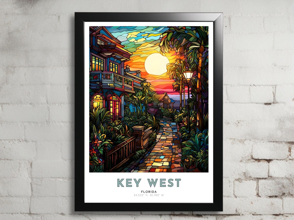 Key West Florida Sunset Street Stained Glass Tropical Glow Poster