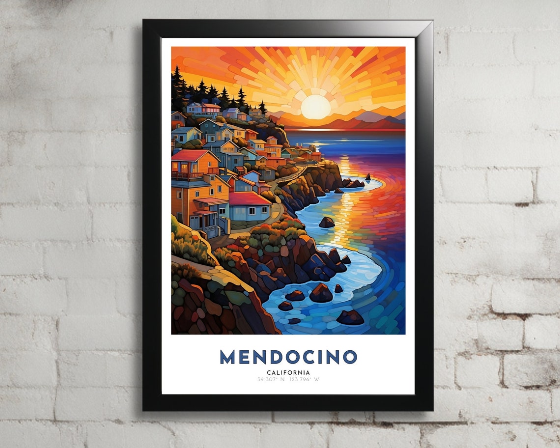 Mendocino California Art Nouveau Travel Poster Mendocino Print Mendocino Wall Art Mendocino Painting Mendocino Gift California Print