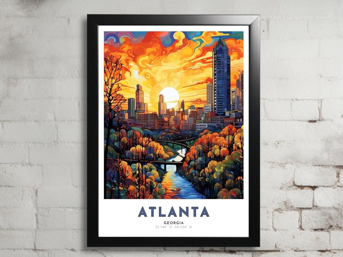 Atlanta Georgia Sunset Skyline River Cityscape Art Nouveau Poster