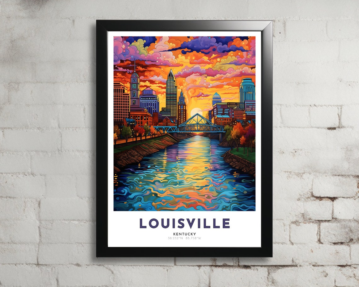 Louisville Kentucky City Skyline Sunset River Bridge Art Poster