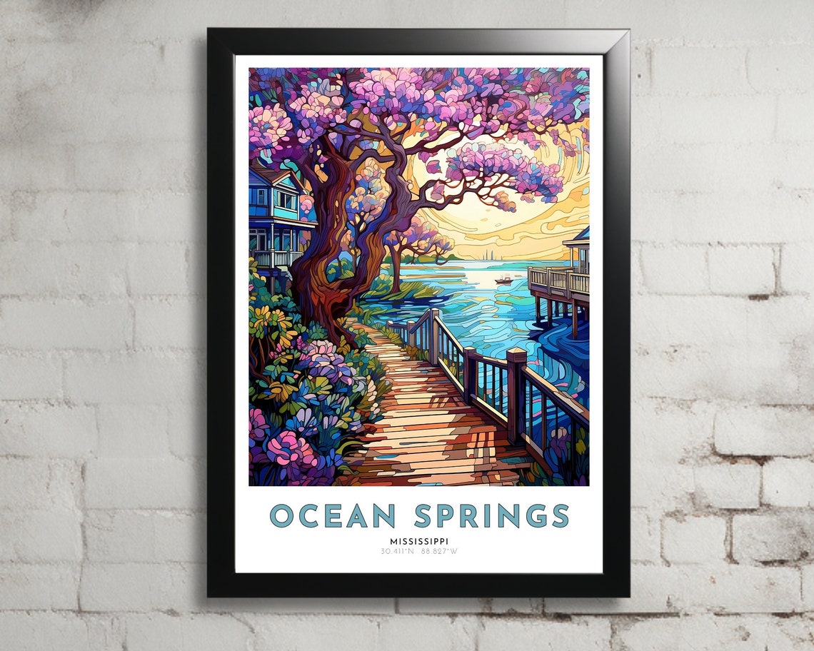 Ocean Springs Mississippi Waterfront Boardwalk Sunset Travel Poster