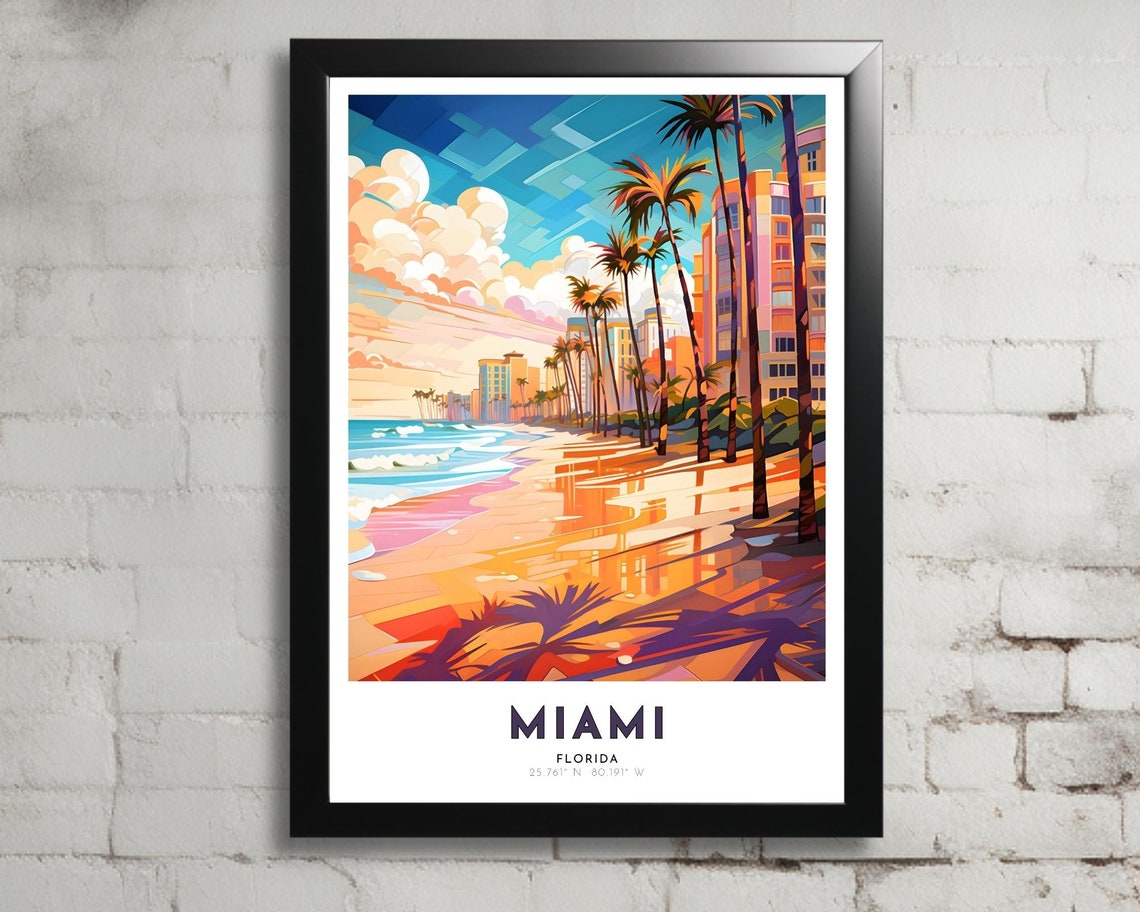 Miami Florida Palm Beach Boardwalk Morning Tropical Art Poster
