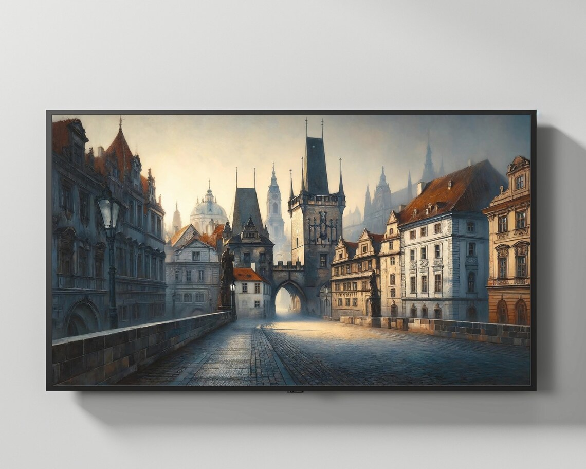 Prague Czech Charles Bridge Sunset River Old Town Colorful Poster