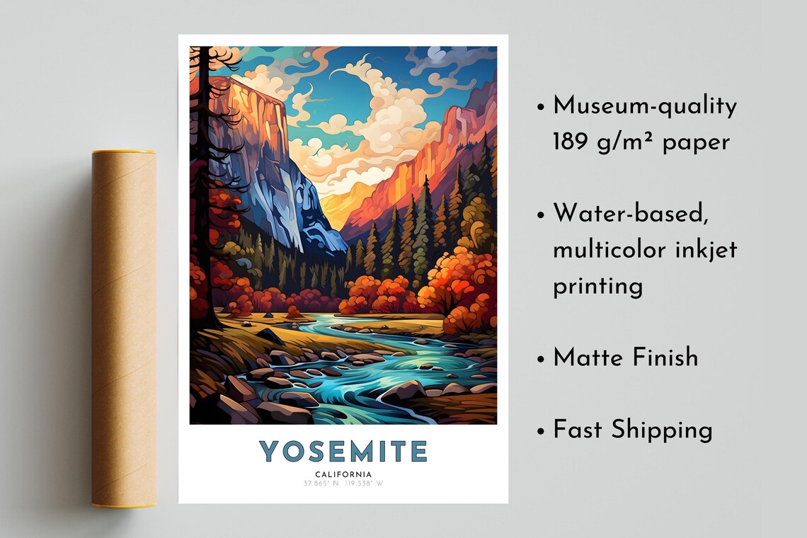 Yosemite California Valley Cliffs Autumn River Travel Poster - Image 5
