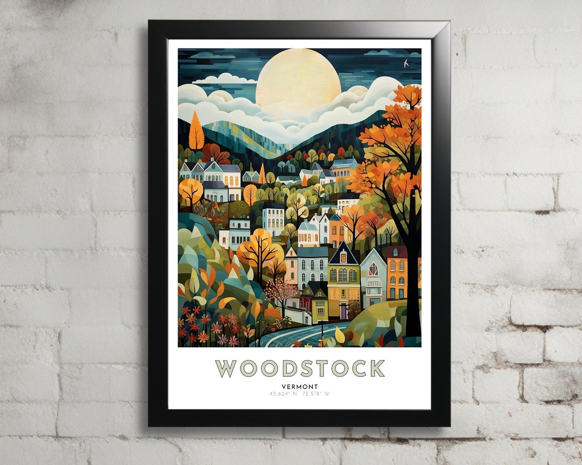 Woodstock Vermont Art Nouveau Travel Poster Woodstock Print Woodstock Wall Art Woodstock Painting Woodstock Gift Vermont Print