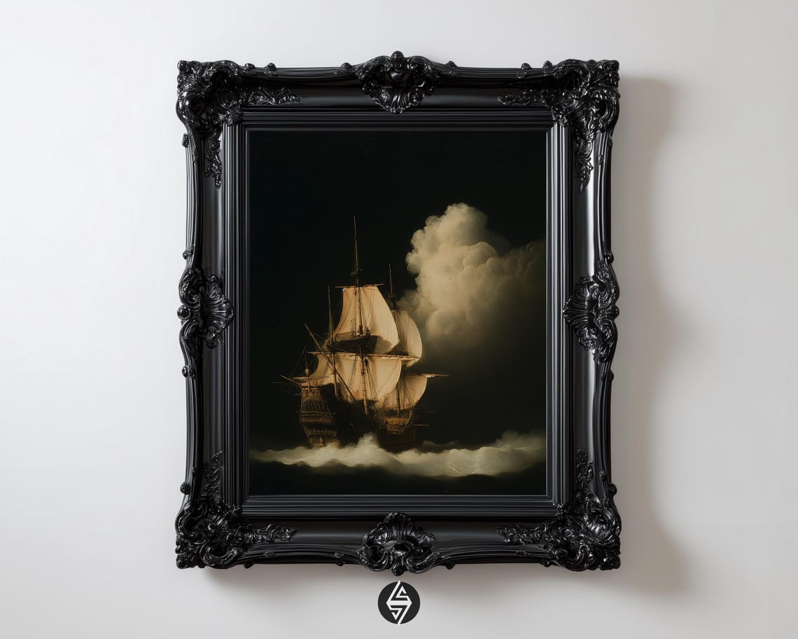 Dark Gothic Tall Ship Night Sails Storm Cloud Nautical Oil Poster