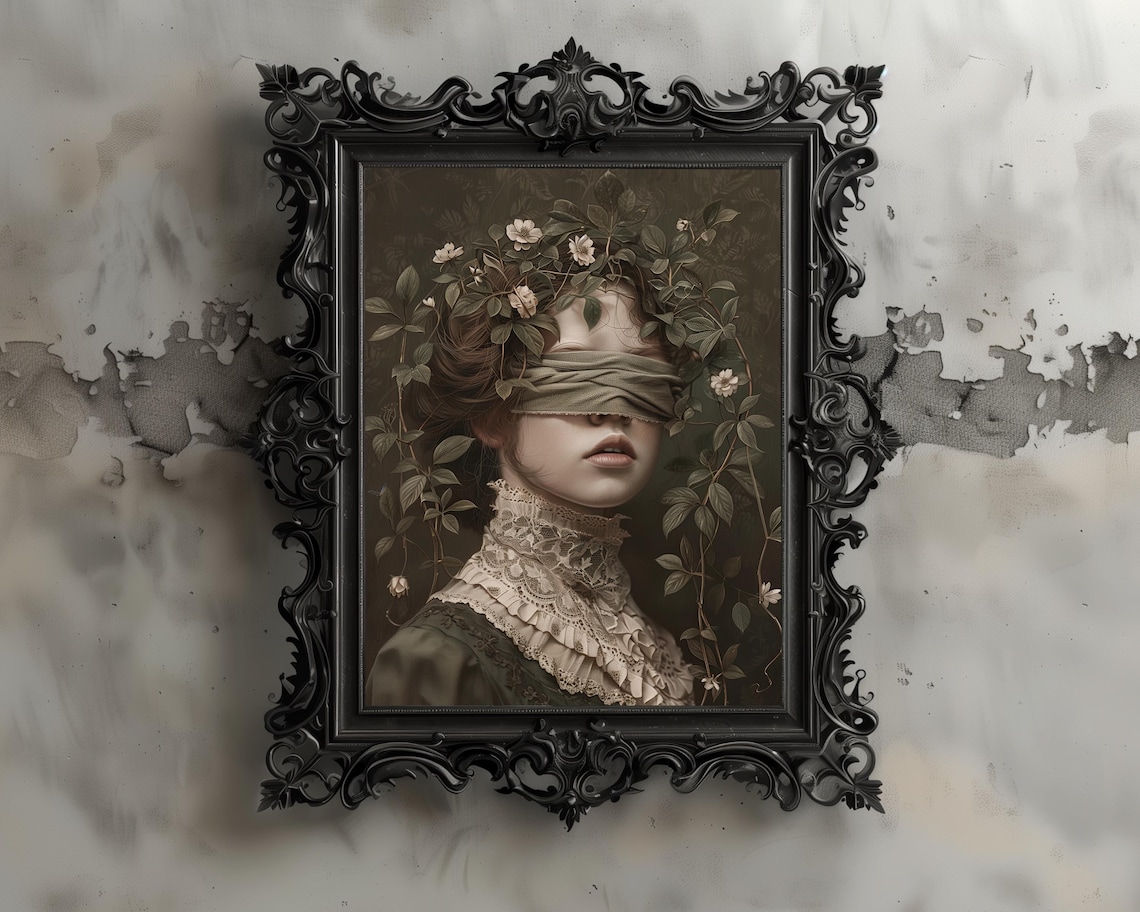 Gothic Blindfold Woman Portrait, Dark Academia Art Print