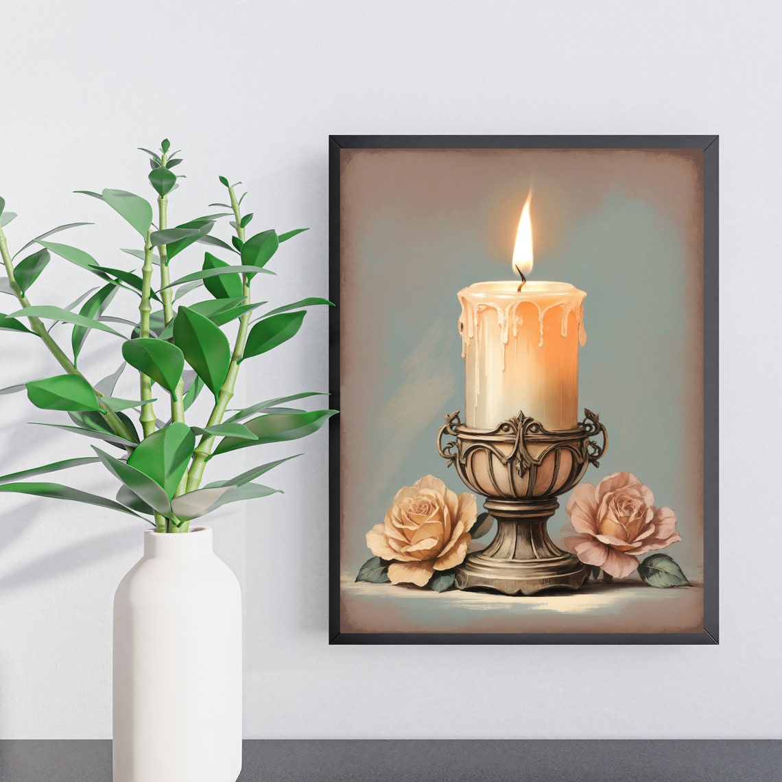 Vintage Candle and Blush Roses Romantic Still Life Painting Poster - Image 2