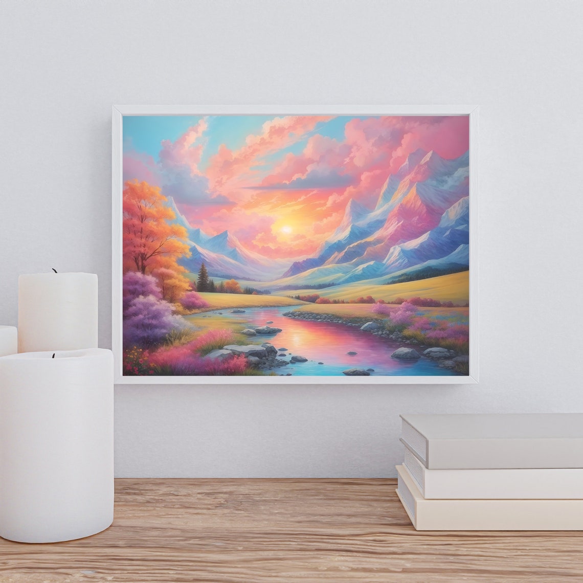 Pink Sunset Mountain Valley River Landscape Art Painting Poster - Image 2