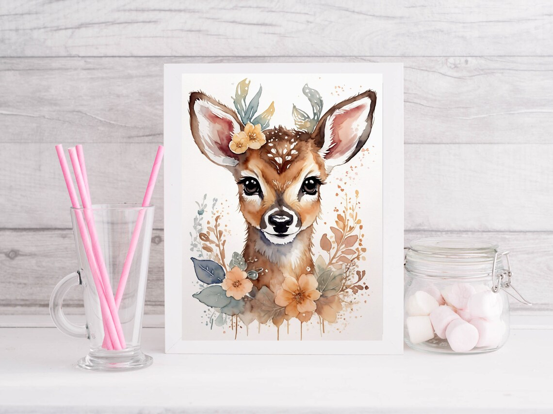 Cute Baby Deer Fawn Floral Watercolor Nursery Animal Art Poster - Image 3