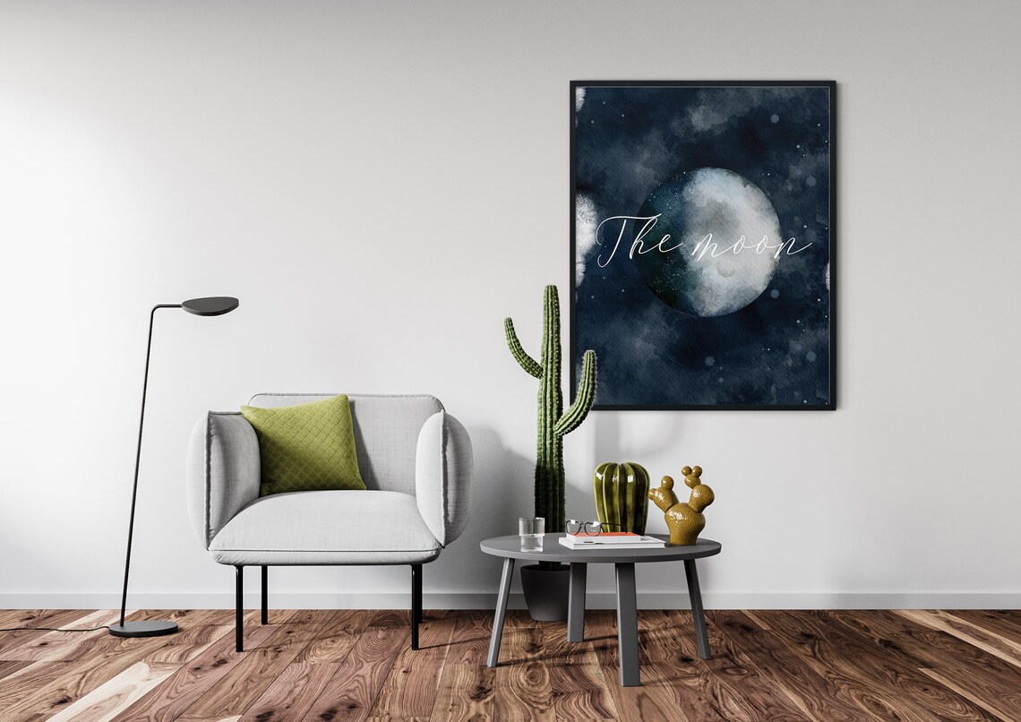 Watercolor Moon Starry Night Sky Cosmic Nebula Celestial Wall Art Print - Image 2