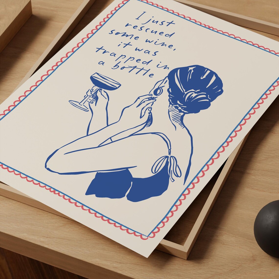 Funny Wine Rescue Quote Blue Line Art Woman Kitchen Wall Art Print - Image 4