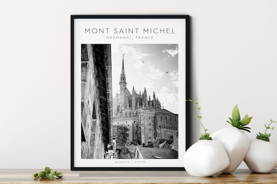 Mont Saint Michel Normandy Abbey Spire Black And White Coordinates Poster
