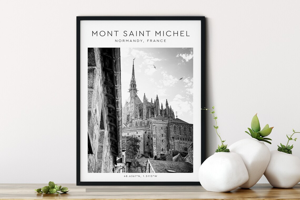 Mont Saint Michel Normandy Abbey Spire Black And White Coordinates Poster