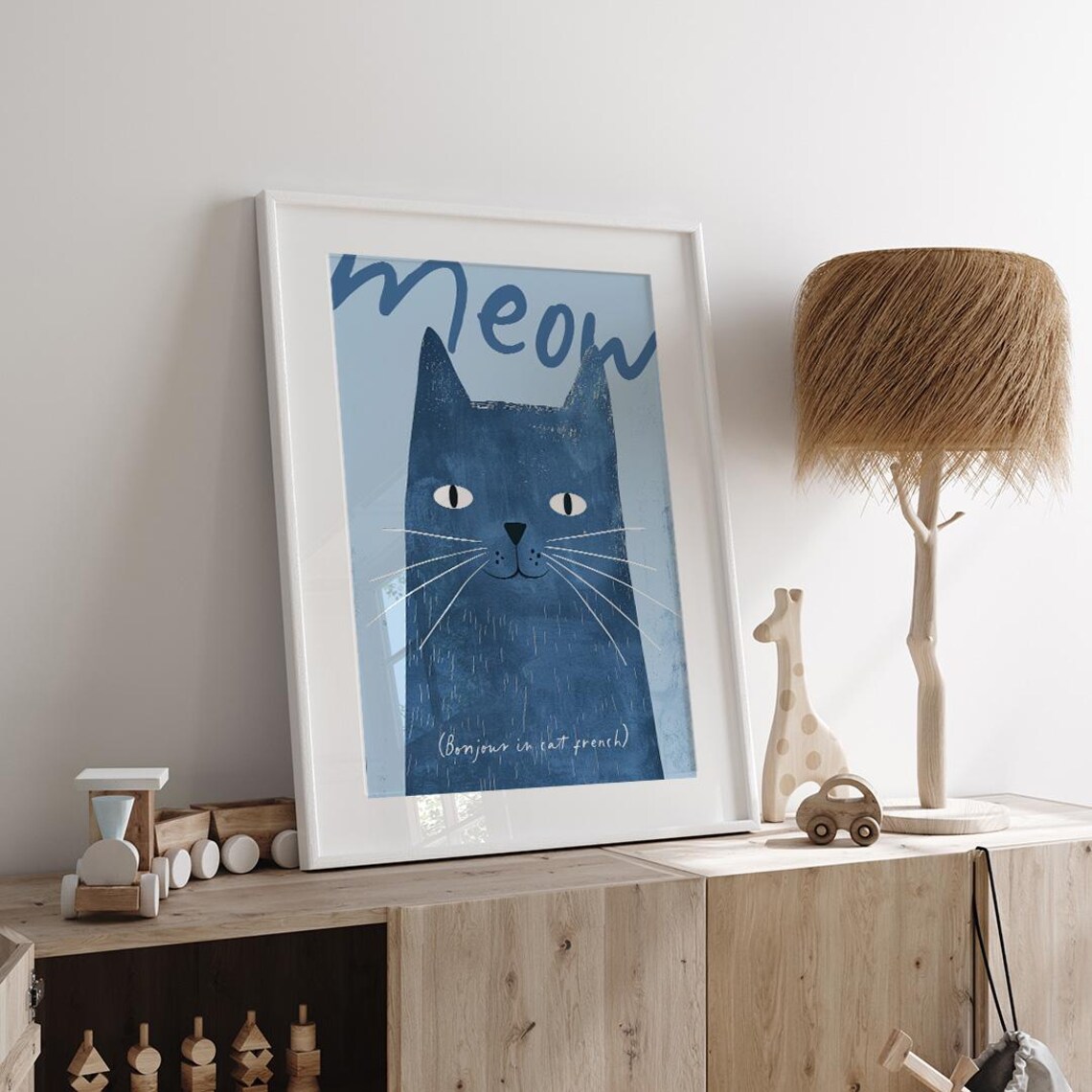 Meow Blue Cat French Bonjour Cute Nursery Kids Animal Wall Poster - Image 4