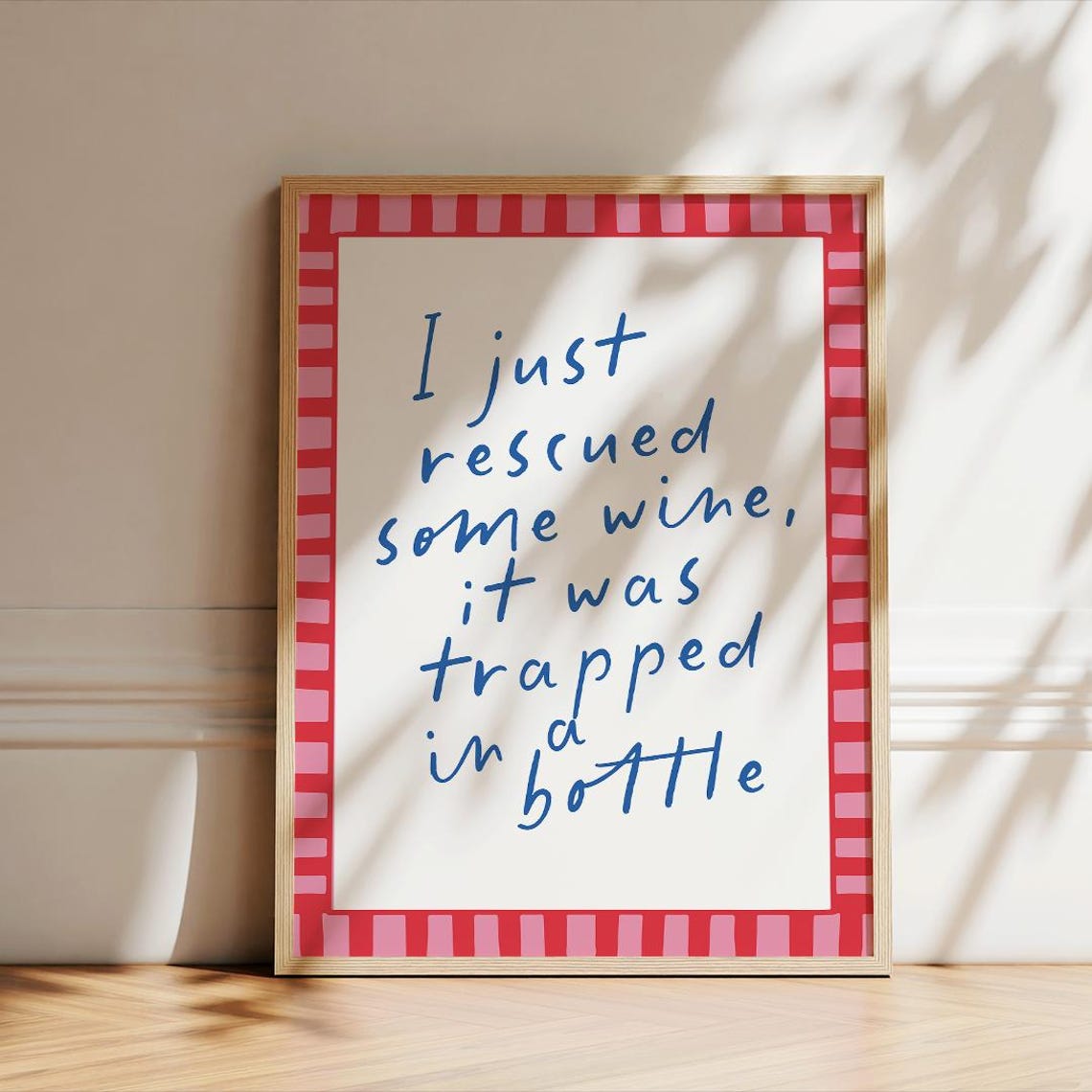 Funny Wine Rescue Quote Red Handwritten Green Checkered Kitchen Poster - Image 2