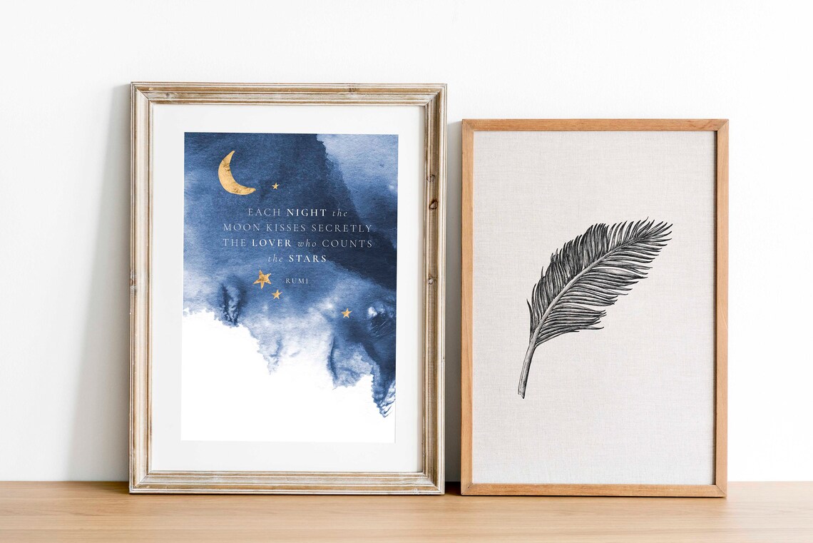 Each Night Moon Kisses Secretly Lover Rumi Quote Navy Stars Wall Art Print - Image 3