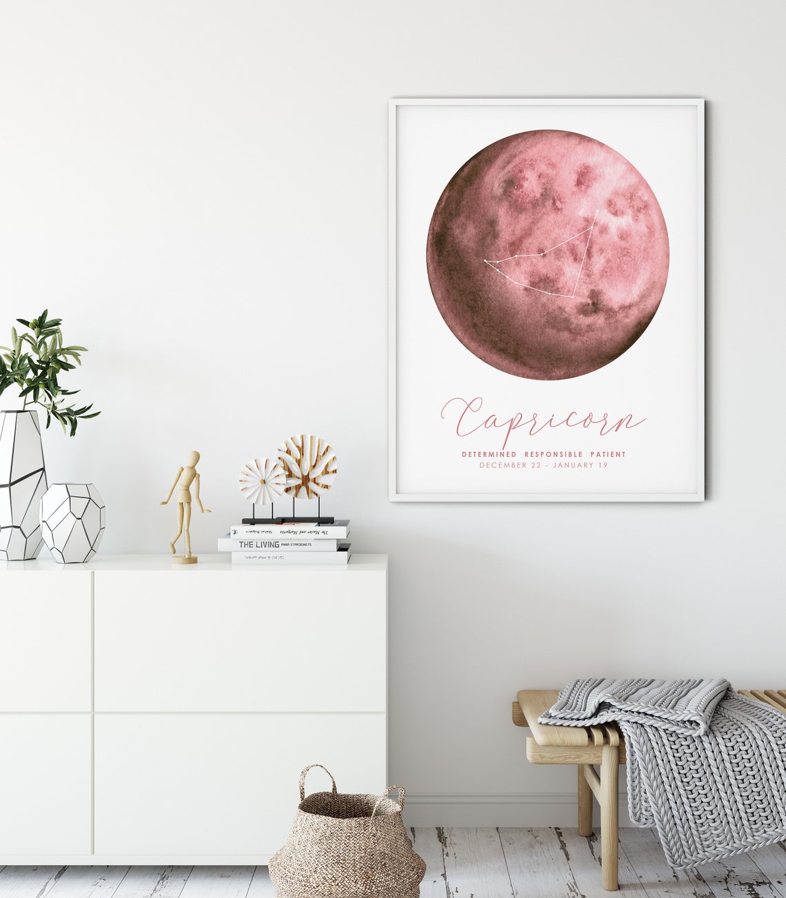 Capricorn Zodiac Constellation Pink Moon Watercolor Horoscope Poster - Image 4