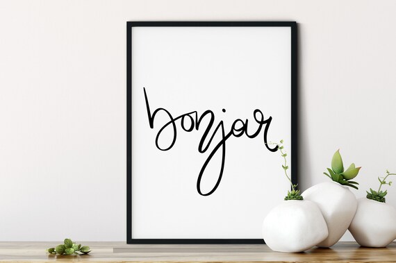 Bonjour French Script Typography Minimalist Black White Wall Art Poster