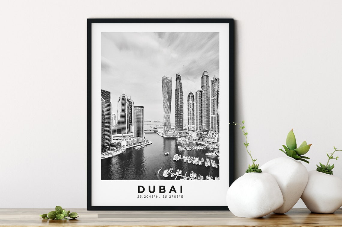 Dubai Marina Skyline Black White UAE Cityscape Photography Poster
