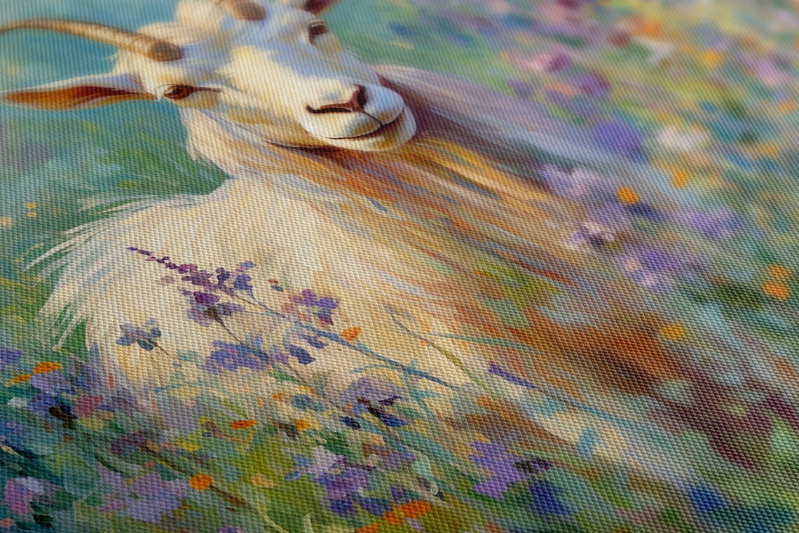 White Goat In A Wildflower Meadow Oil Painting Animal Poster - Image 4