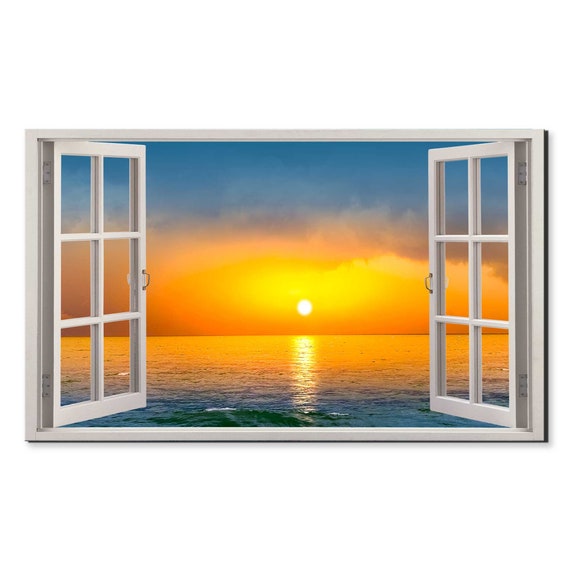 Blue Sky Orange Sunset Seascape Window View Window Frame Style Modern Design Home Decor Print Wall Art Picture Ready To Hang