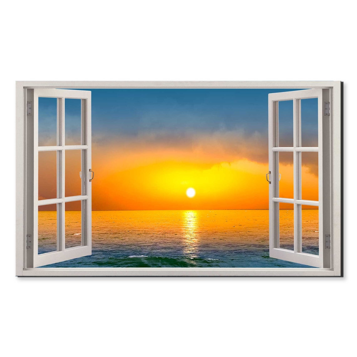 Blue Sky Orange Sunset Seascape Window View Window Frame Style Modern Design Home Decor Print Wall Art Picture Ready To Hang